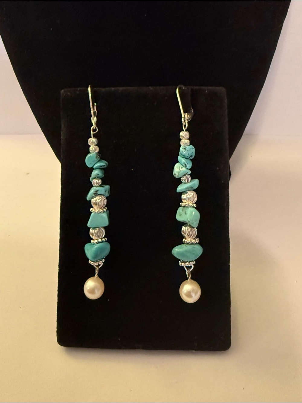 Hand Made Genuine Turquoise and Sterling Silver Freshwater Pearl Drop Earrings